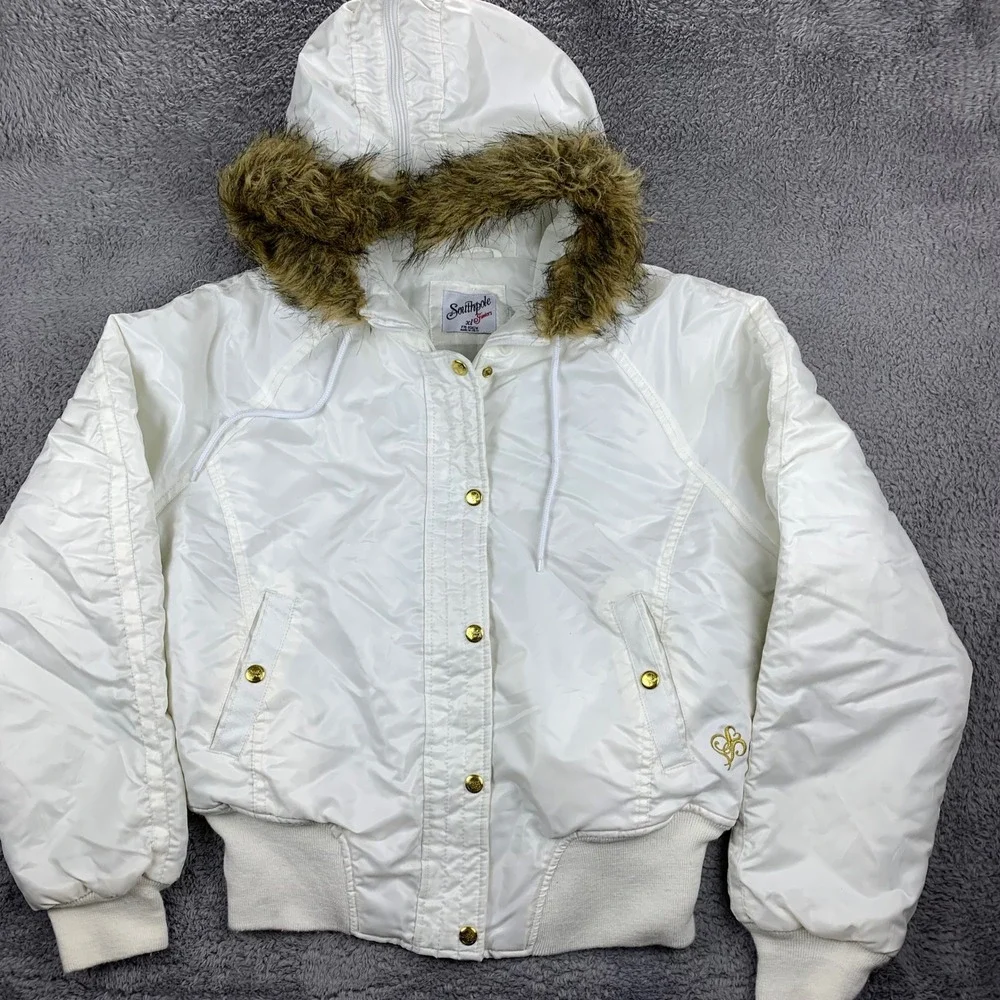 Southpole Bomber Jacket Juniors XL White Faux‎ Fur Hood Quilted Y2K Streetwear